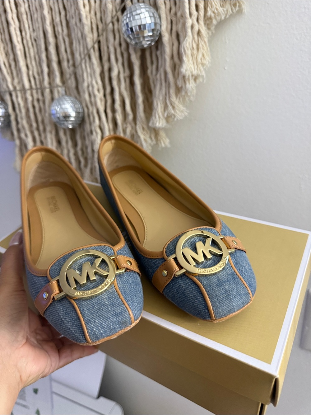 Michael Kors Blue Denim and Tan Leather MK Logo Ballet Flats